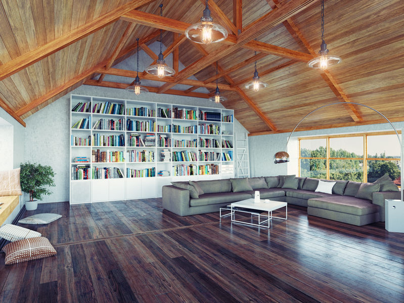 Attic Interior Design Library With Exposed Beams